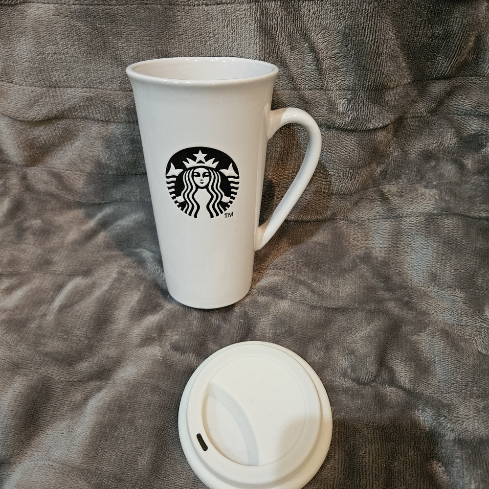 Starbucks white ceramic travel mug